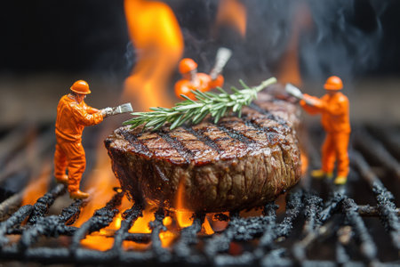 Miniature construction workers grilling a delicious steak on fireの素材