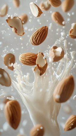 Almonds falling and splashing into plant based milk creating dreamlike sceneの素材