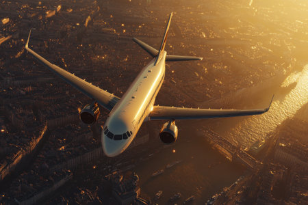 Passenger airplane flying over city at sunsetの素材
