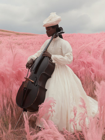 Young black woman playing cello in pink grass fieldの素材