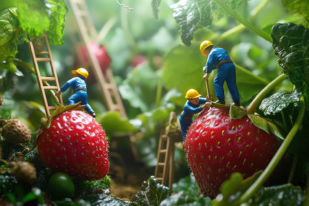 Miniature workers harvesting giant strawberries in surreal landscapeの素材