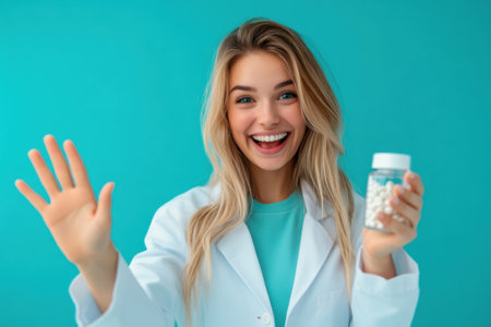 Smiling doctor showing pills and waving hand on turquoise backgroundの素材