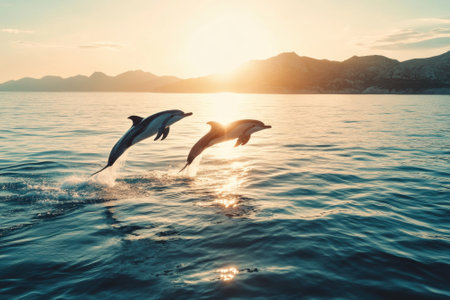 Dolphins jumping out of the water at sunsetの素材