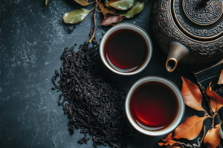 Black tea brewing in traditional chinese teapot with dried tea leavesの素材