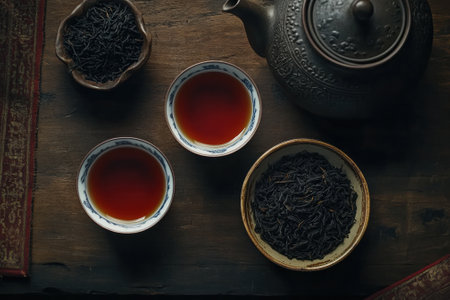 Black tea brewing in traditional chinese tea ceremony settingの素材