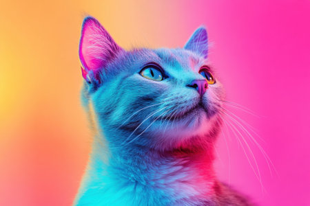 Cat illuminated by colorful neon lights creating a vibrant portraitの素材
