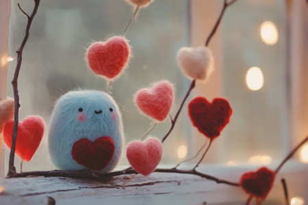 Adorable handmade valentines day decoration with felted hearts and smiling characterの素材