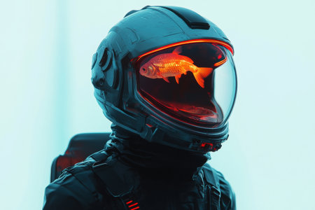 Astronaut wearing helmet with goldfish inside, futuristic conceptの素材