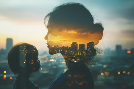 Mother and child embracing urban sunset double exposureの素材