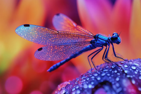 Blue dragonfly resting on dewy surface with colorful backgroundの素材