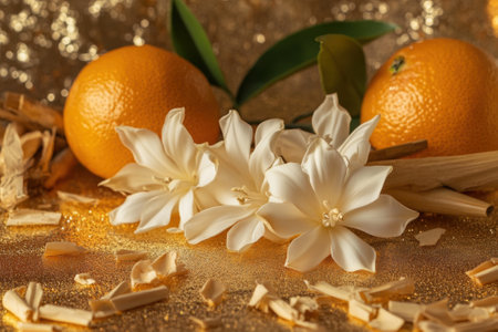Golden tuberose flowers and oranges resting on a golden glittery surfaceの素材