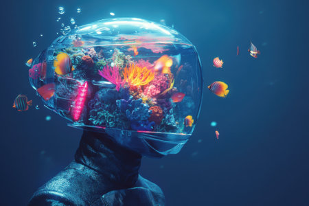 Person wearing helmet aquarium with coral reef and tropical fish swimming underwaterの素材