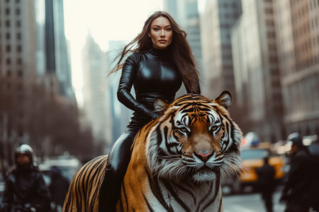Woman riding majestic tiger in busy city streetの素材