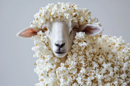 Surreal portrait of sheep covered in popcorn on white backgroundの素材