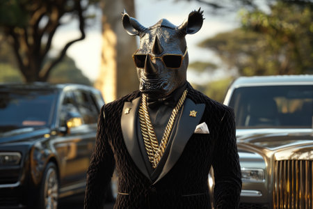 Rhinoceros businessman wearing gold chains and sunglasses posing near luxury carsの素材
