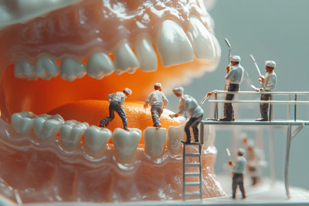 Miniature workers cleaning and maintaining giant teeth in innovative dental hygiene conceptの素材
