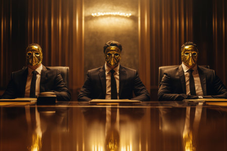 Politicians wearing golden masks sitting at conference tableの素材