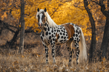Knabstrupper horse standing in autumn forest landscapeの素材