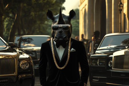 Rhinoceros businessman wearing gold chain and sunglasses standing near luxury carsの素材