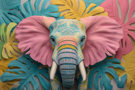 Colorful elephant head sculpture with tropical leaves decorationの素材