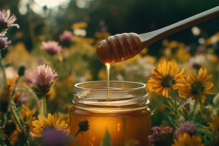 Honey dripping from wooden dipper into glass jar on blooming meadow at sunsetの素材