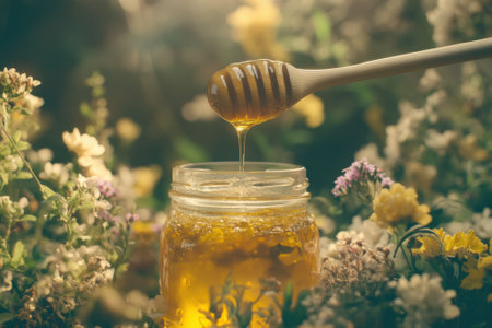 Honey dripping from wooden dipper into glass jar surrounded by flowersの素材