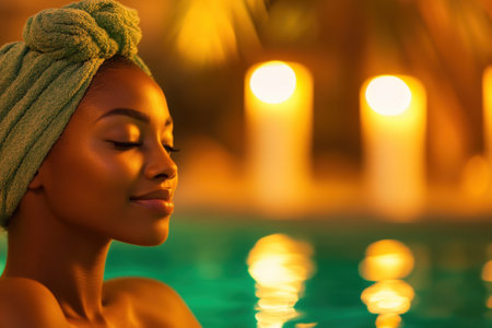 Serene woman relaxing in spa pool at night with towel on headの素材