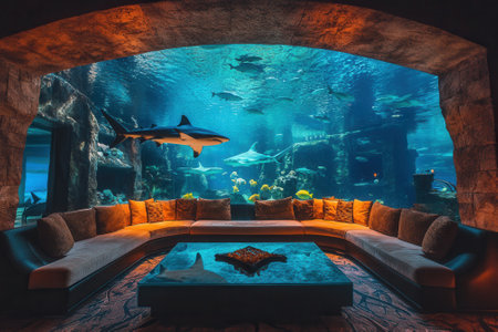 Luxurious lounge immersed in stunning underwater aquarium with sharks swimming aroundの素材