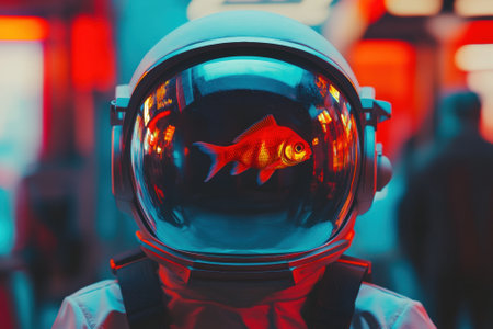 Astronaut wearing helmet with goldfish inside in cyberpunk cityの素材