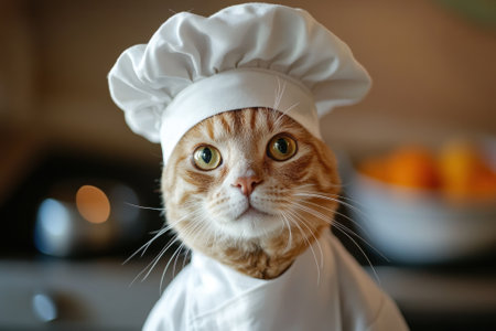 Adorable cat dressed as a professional chefの素材
