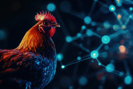 Hen standing against a digital network backgroundの素材