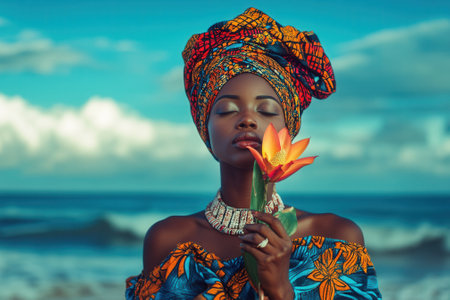 Beautiful african model posing with flower and traditional headdress on beachの素材