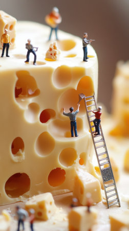 Miniature workers building and exploring a giant piece of cheeseの素材