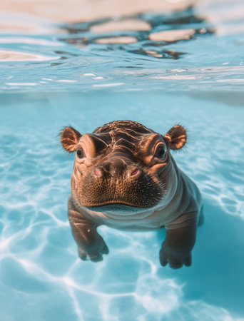 Baby hippopotamus swimming underwater in clear blue waterの素材