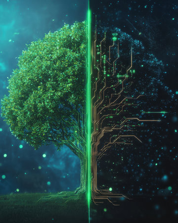 Futuristic tree showing contrast between nature and technologyの素材