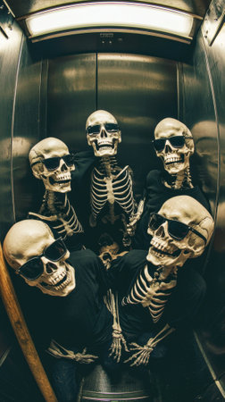 Skeletons wearing sunglasses are having a party inside an elevatorの素材