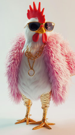 Stylish rooster wearing sunglasses and golden accessoriesの素材