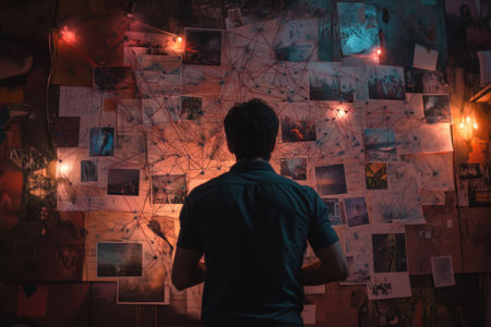 Detective connecting clues on wall with red string in dark roomの素材