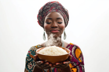 West african woman holding hot steaming rice bowl and smilingの素材