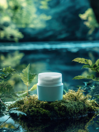 White cosmetic cream jar resting on moss near river in lush forestの素材