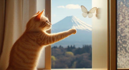Playful ginger kitten trying to catch butterfly near mount fujiの素材