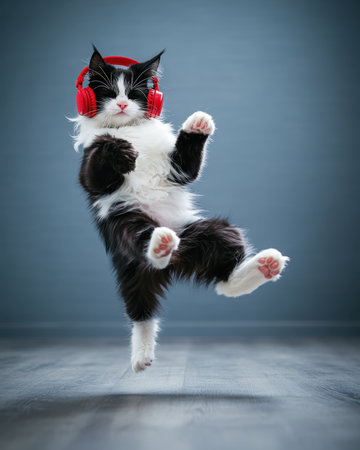 Cat wearing headphones dancing and floating in the airの素材