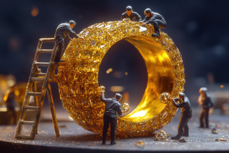 Miniature workers crafting a giant golden ring encrusted with diamondsの素材