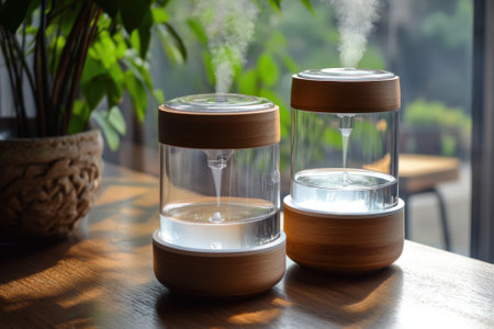 Two modern humidifiers emitting water vapor on wooden tableの素材