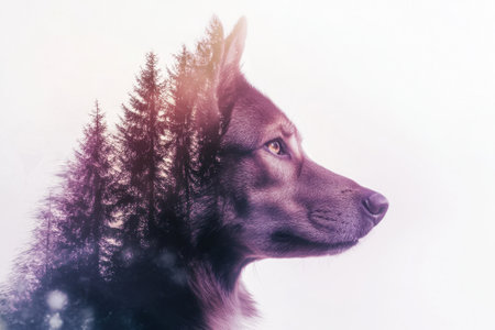 Double exposure of dog and conifer forest evokes wildlife conservationの素材