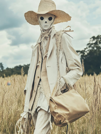 Scarecrow wearing elegant white suit and straw hat walking in wheat fieldの素材