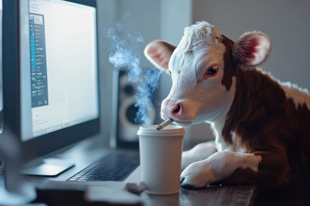 Baby cow smoking and drinking coffee at computer deskの素材