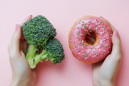 Woman holding broccoli and pink donut comparing healthy and unhealthy foodの素材