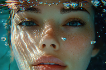 Beautiful woman with freckles posing underwater with air bubblesの素材