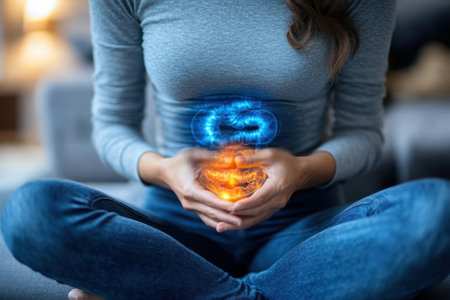 Woman holding glowing intestines in her hands, digestive health and wellbeingの素材